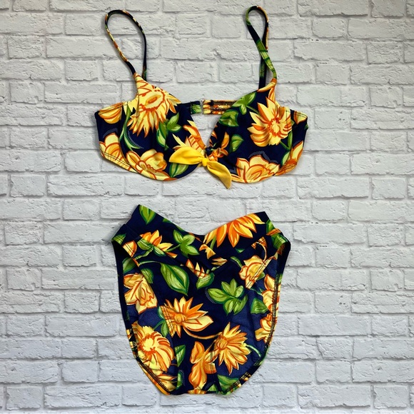 Sassafras Blue Yellow Orange Flowers Floral Vintage Bikini Size 12 / 14 Small - Picture 1 of 13